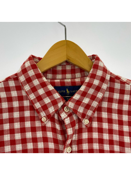 POLO RALPH LAUREN ダブルフェイス ガーゼコットン チェック L/Sシャツ 赤 (L)[値下]