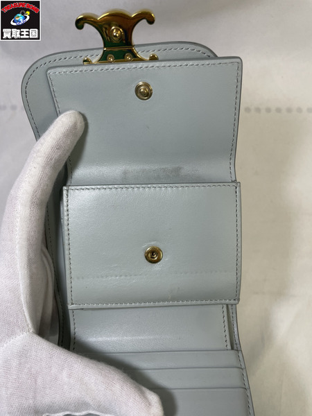 CELINE シャイニーカーフスキン スモールフラップウォレット 水色